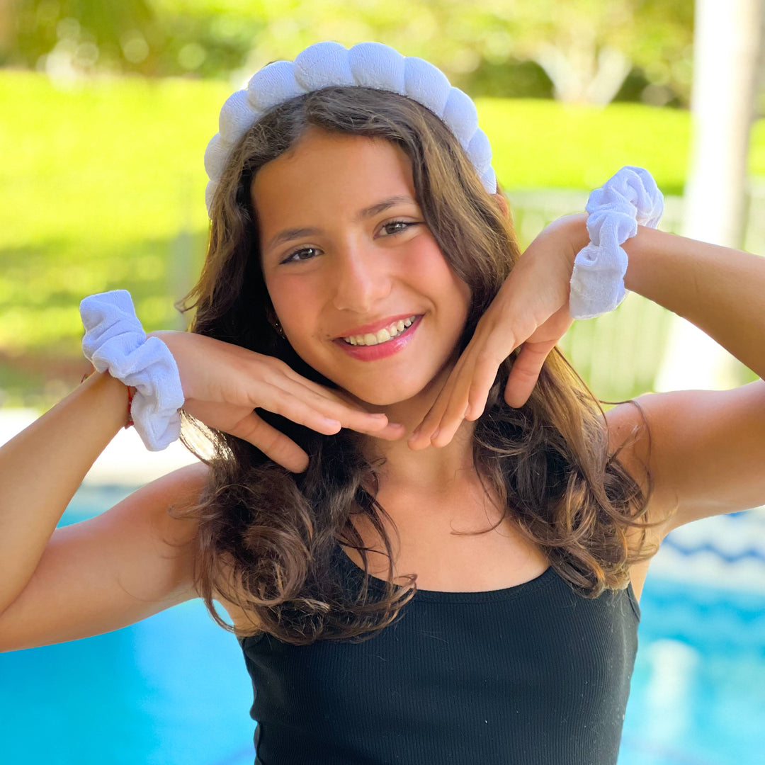Puffy Terry Cloth Padded Spa Headband with Scrunchies: White