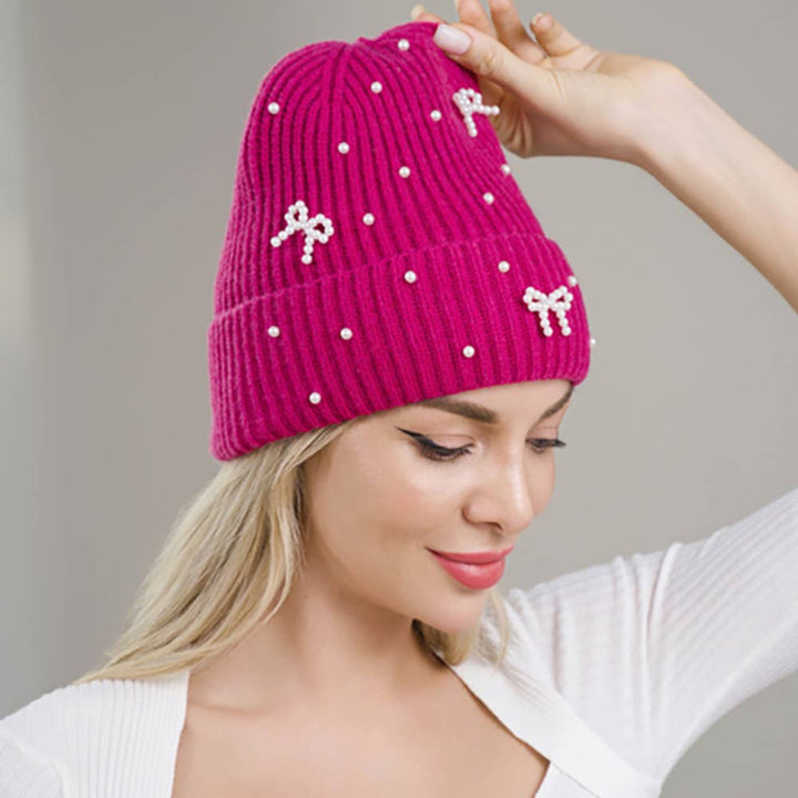Bow Pearl Embellished Knitted Winter Beanie Hat