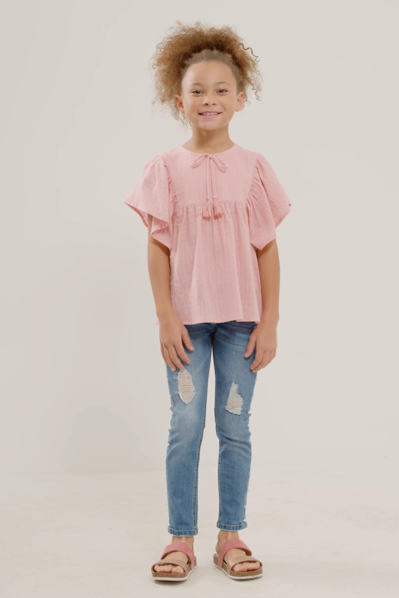 Flutter Sleeve Tassel Detail Textured Top