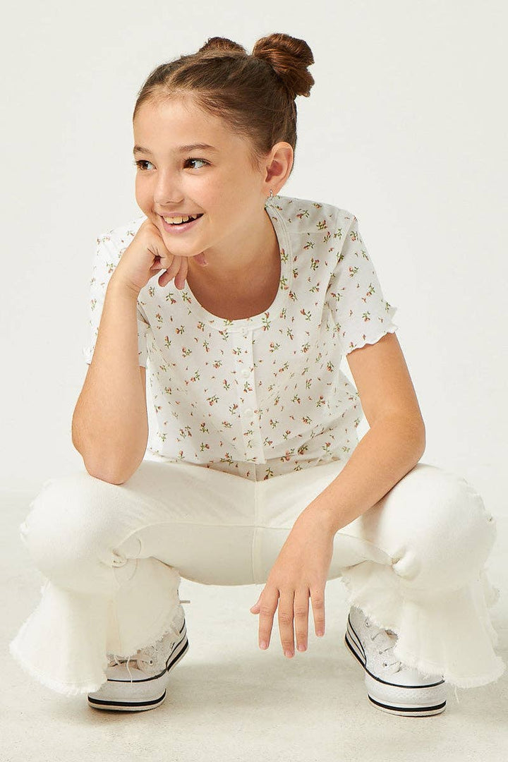 Button Detail Ditsy Floral Knit T Shirt