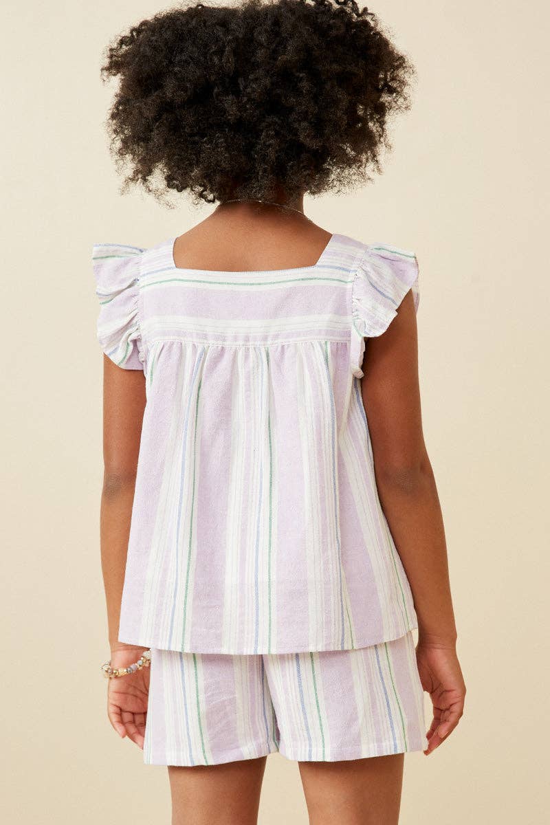 Striped Square neck Ruffled Button Top