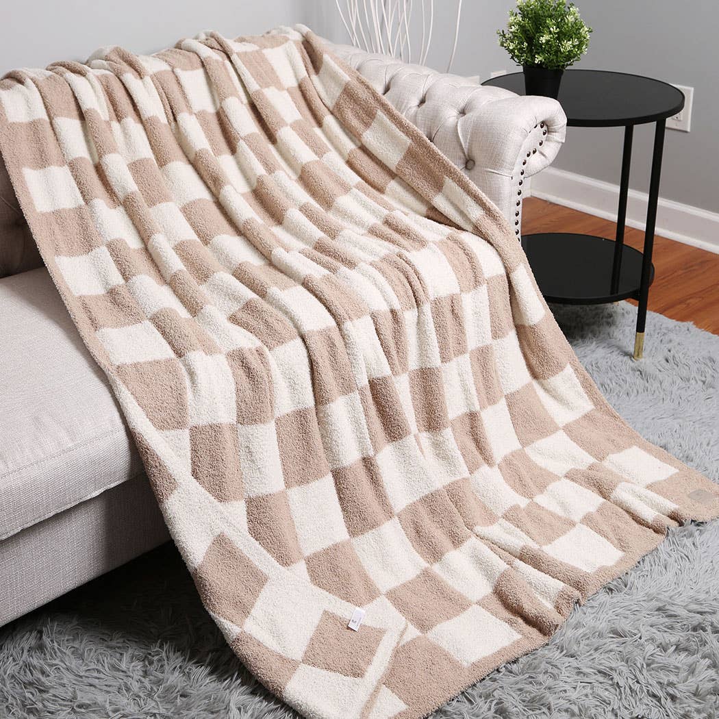 Beige Checkerboard Throw Blanket
