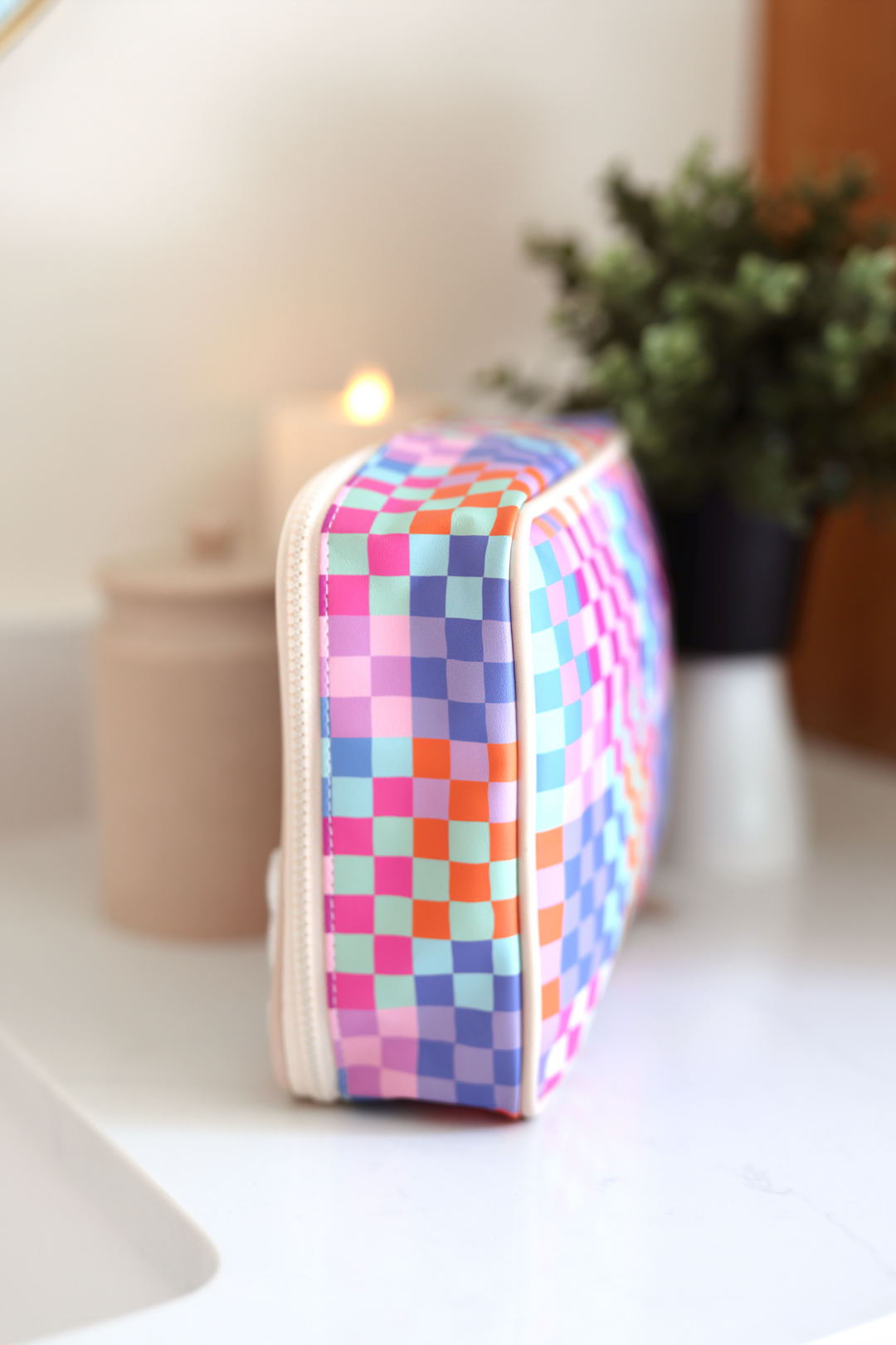 Oversized Cosmetic Bag - Happy Checkered