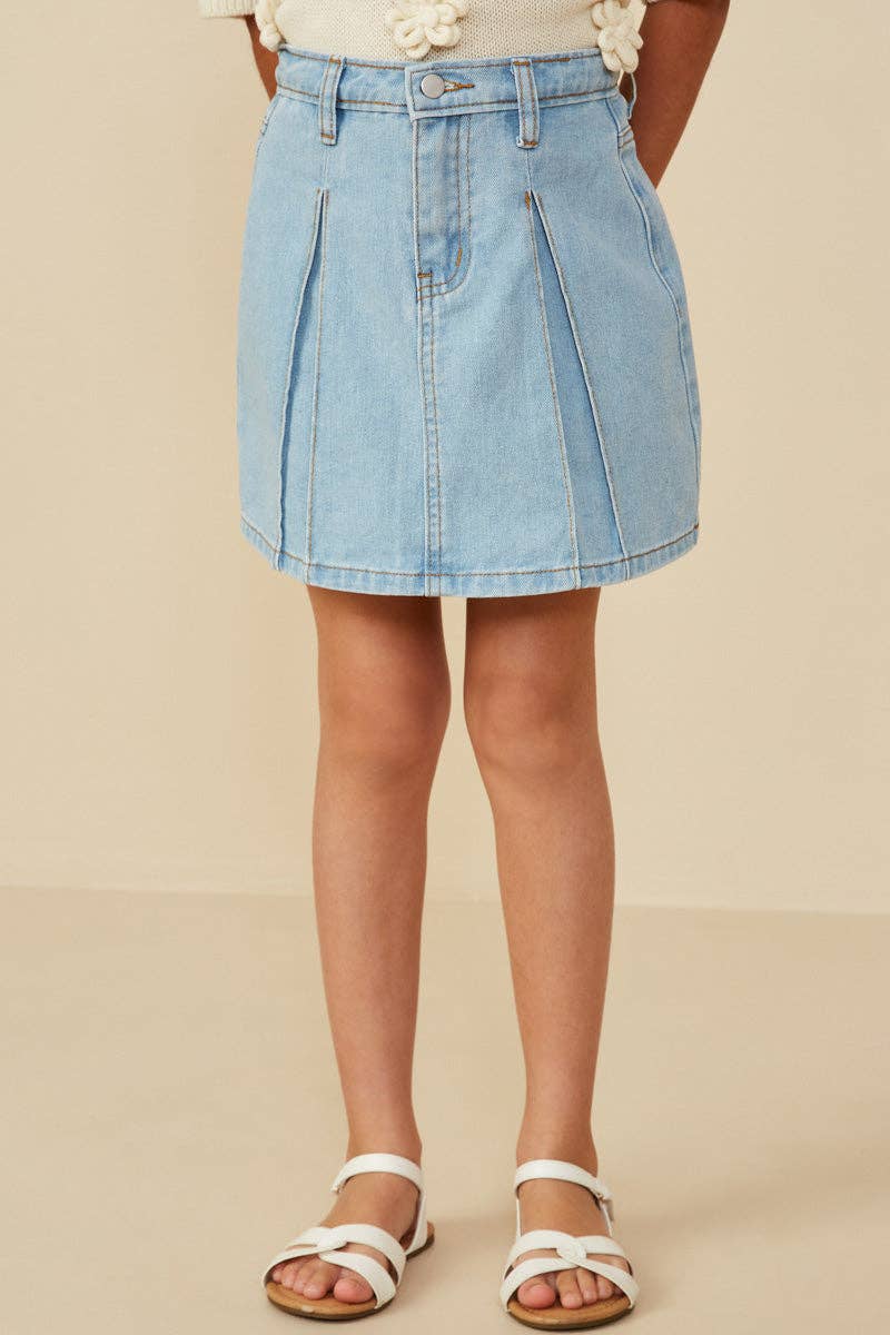 Box Pleated Washed Denim Skirt