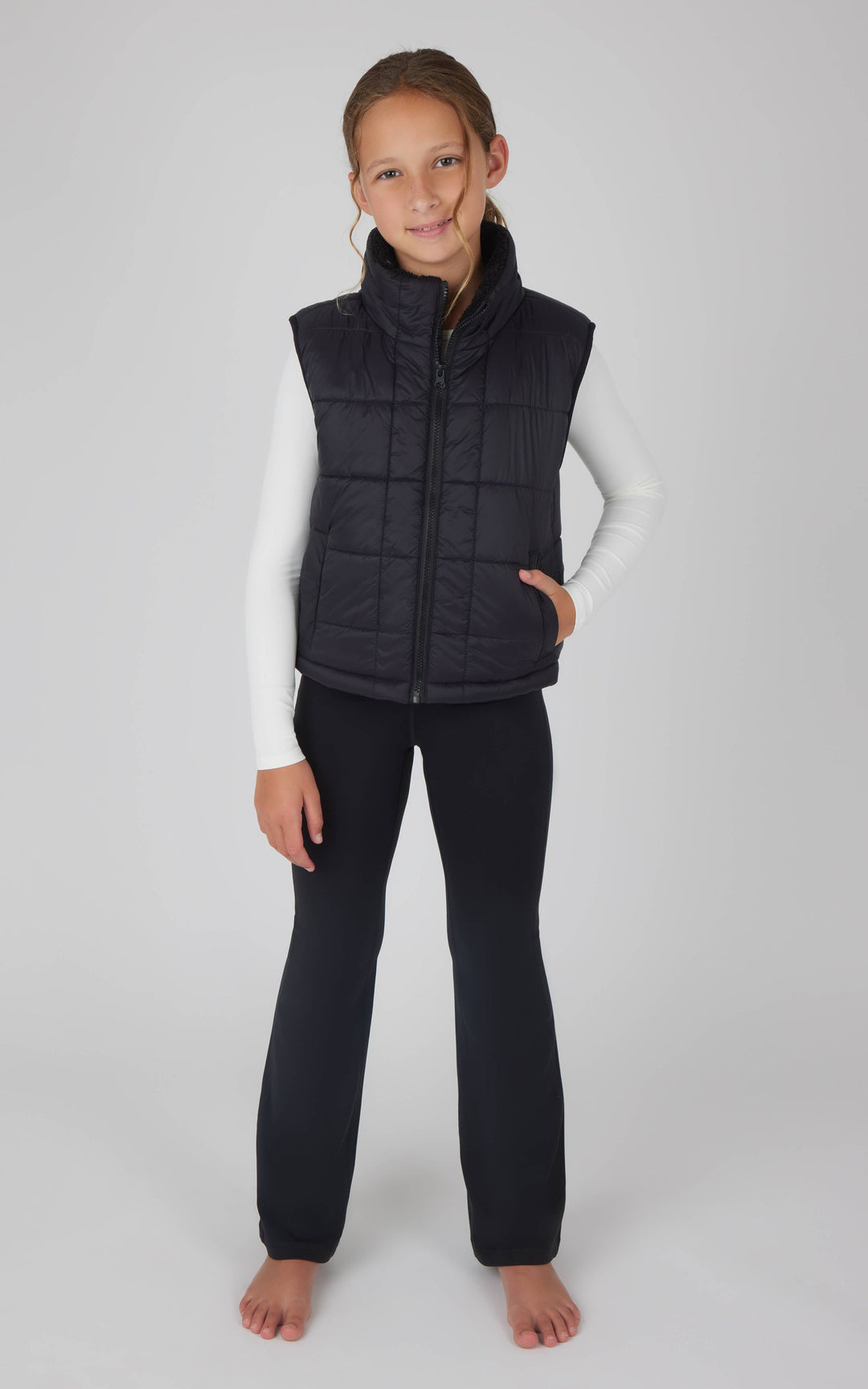 Girls Quilted Sherpa Lining Vest, Top, Flare Pant - 3 PC Set