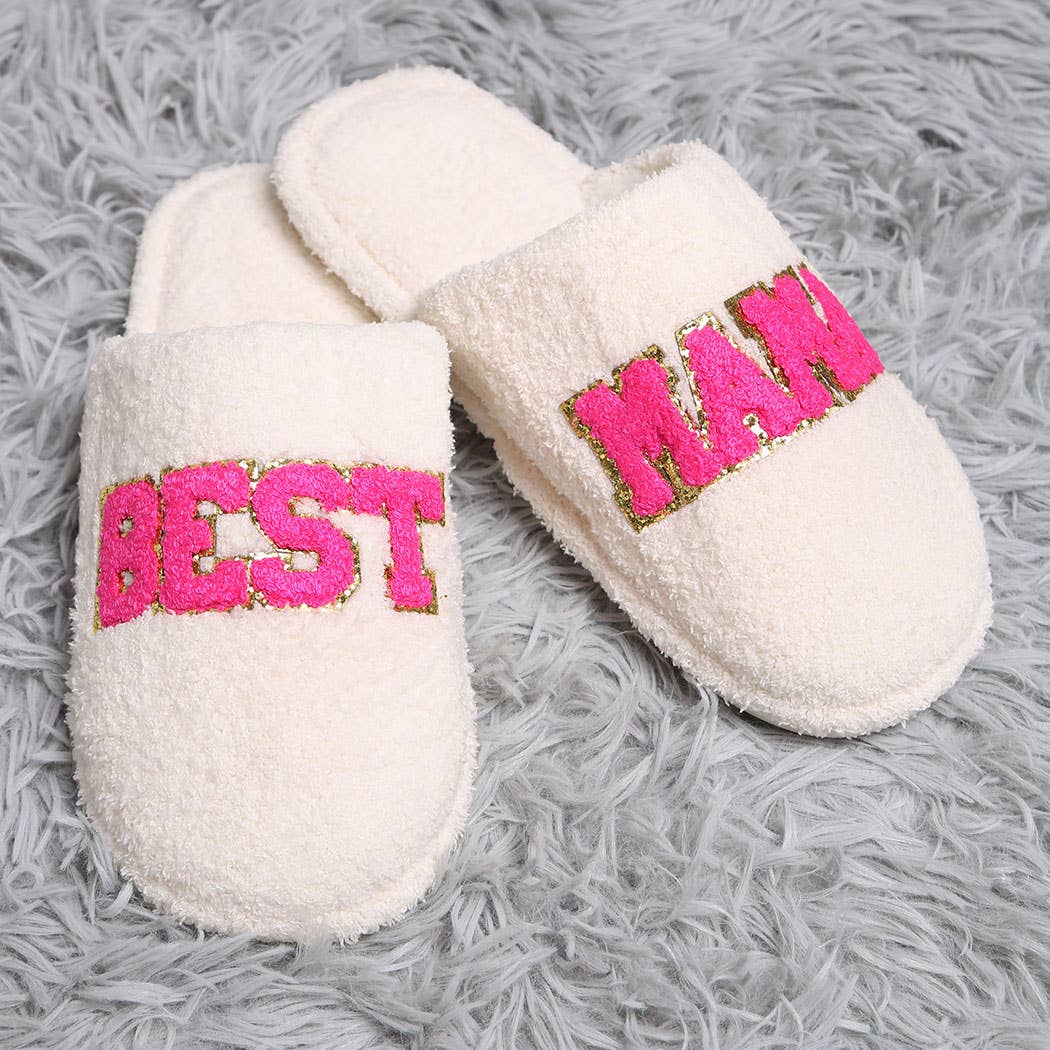 BEST MAMA Chenille Patched Home Slippers: M/L / WHITE