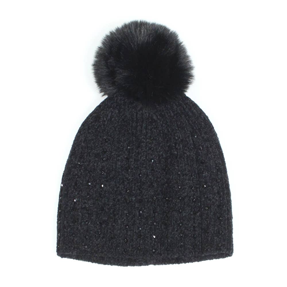 Stone Embellished Chenille Pom Pom Beanie Hat