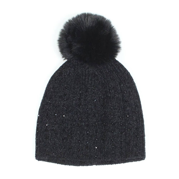 Stone Embellished Chenille Pom Pom Beanie Hat