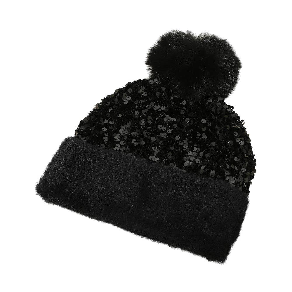 Sequin Embellished Pom Pom Beanie Hat