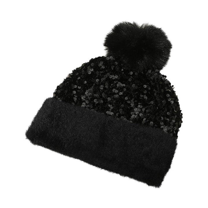 Sequin Embellished Pom Pom Beanie Hat