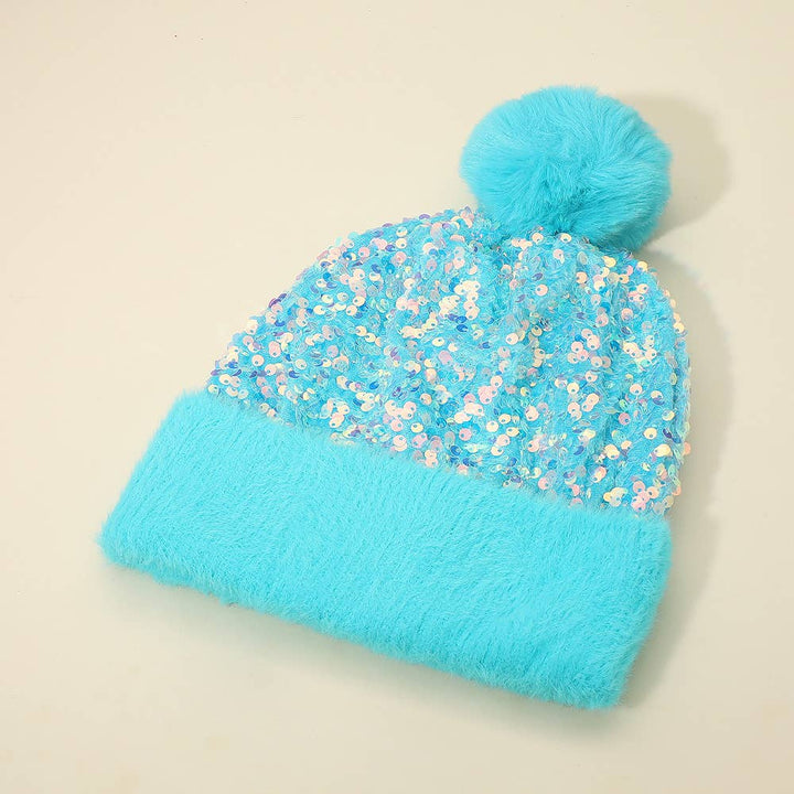 Sequin Embellished Pom Pom Beanie Hat