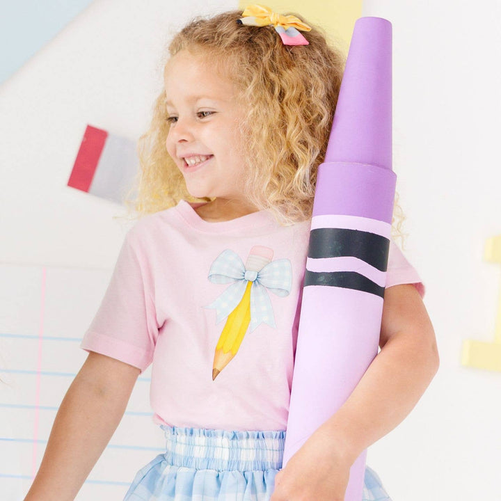 Blue Plaid Pencil Bow Short Sleeve T-Shirt - Back To School