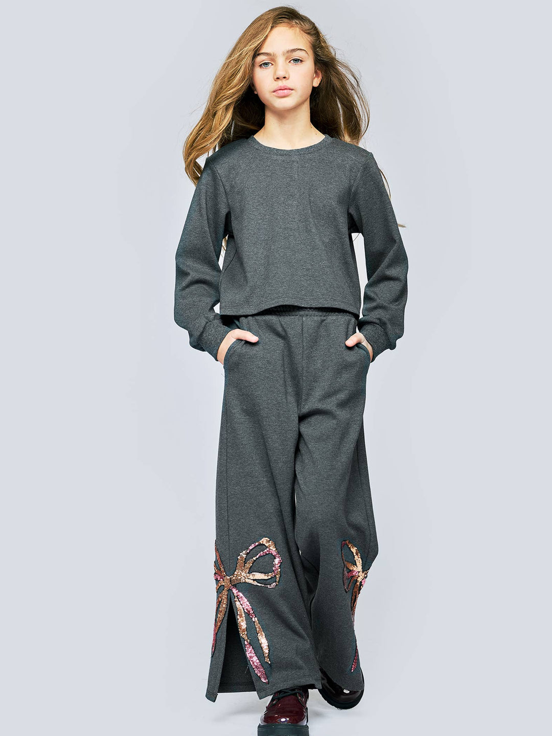 Sequin Bow Knit Pants W/ Side Leg Slits