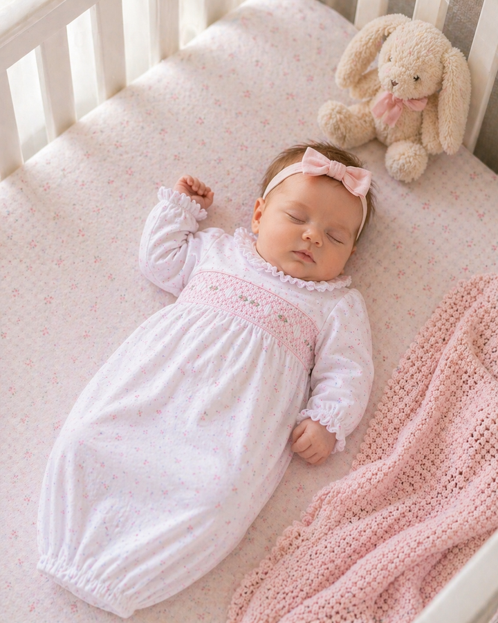 Pink Flower Print Baby girl Pima Cotton smocked gown