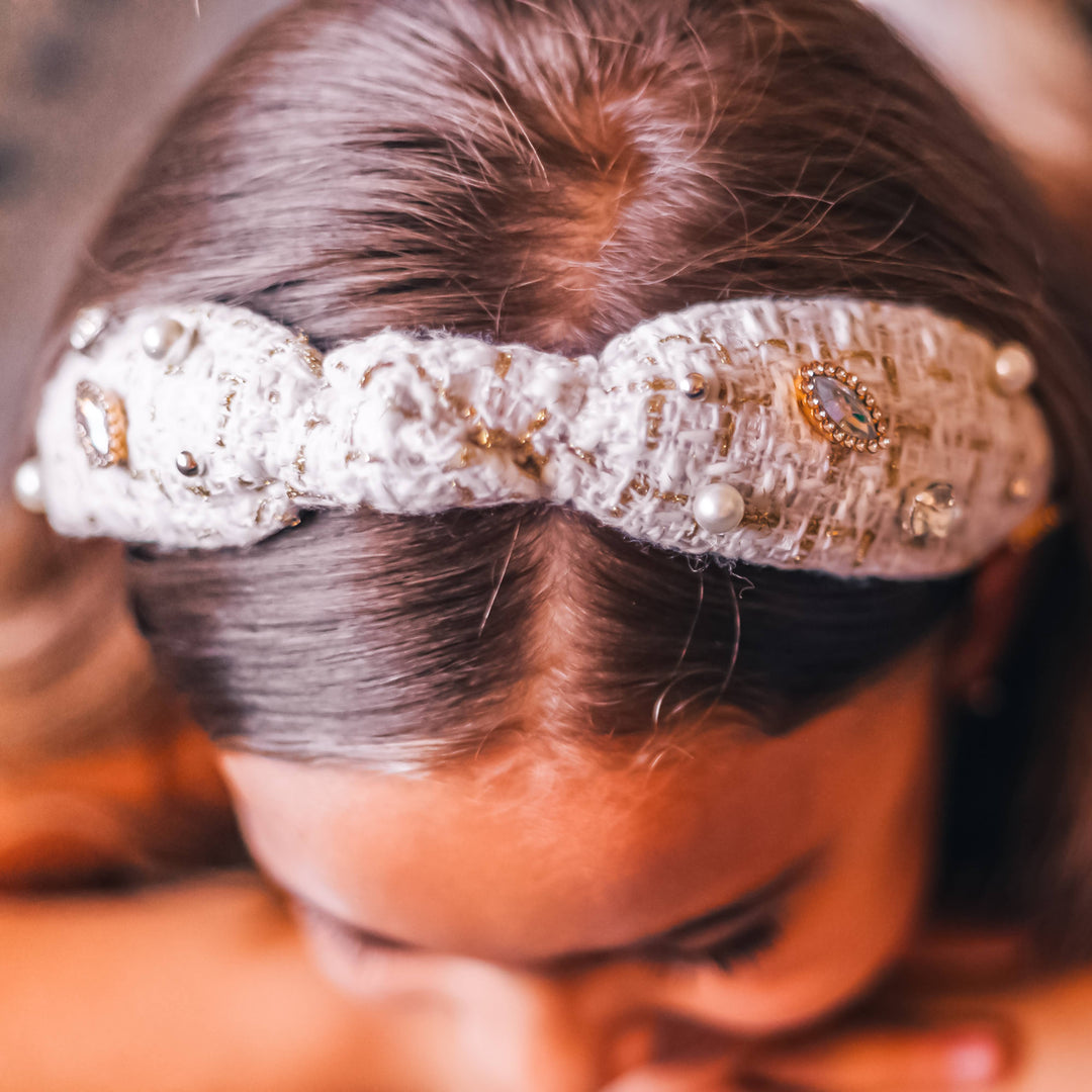Embellished Knot Headband - Tweed Rhinestone Pearl: Black
