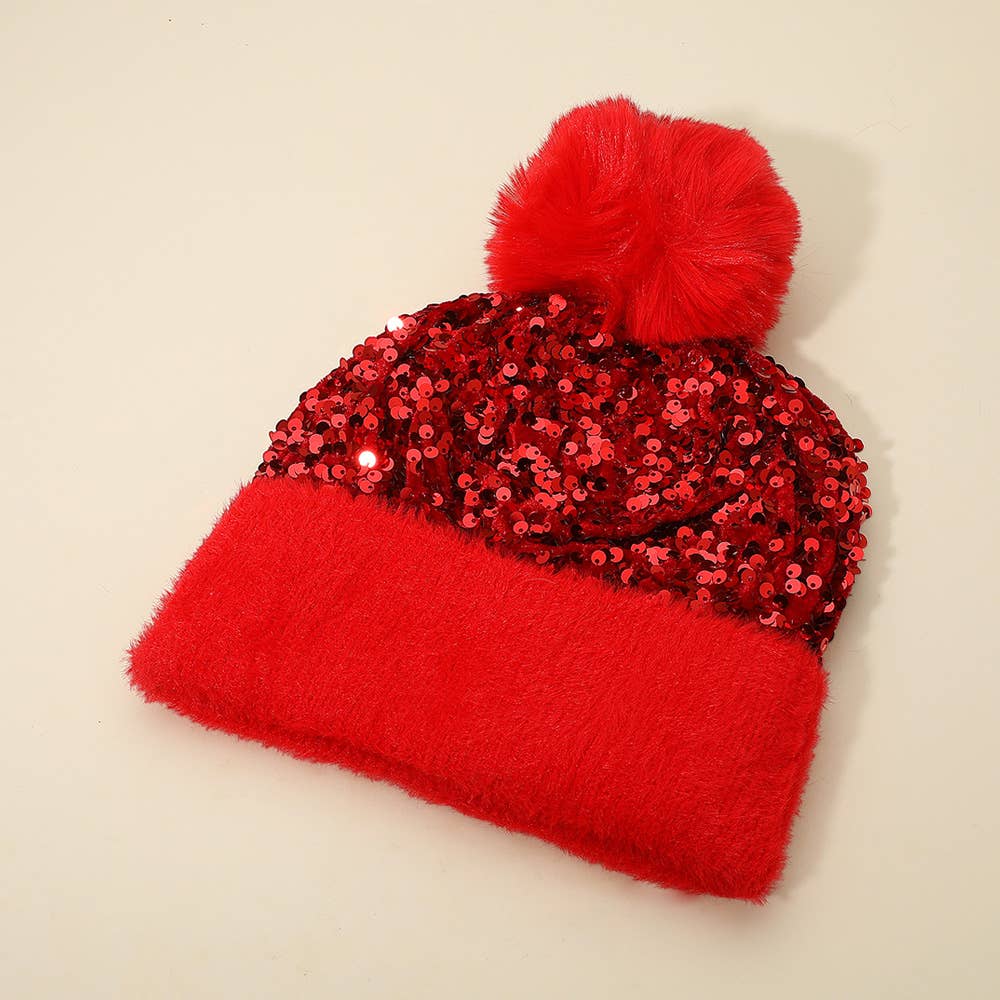 Sequin Embellished Pom Pom Beanie Hat
