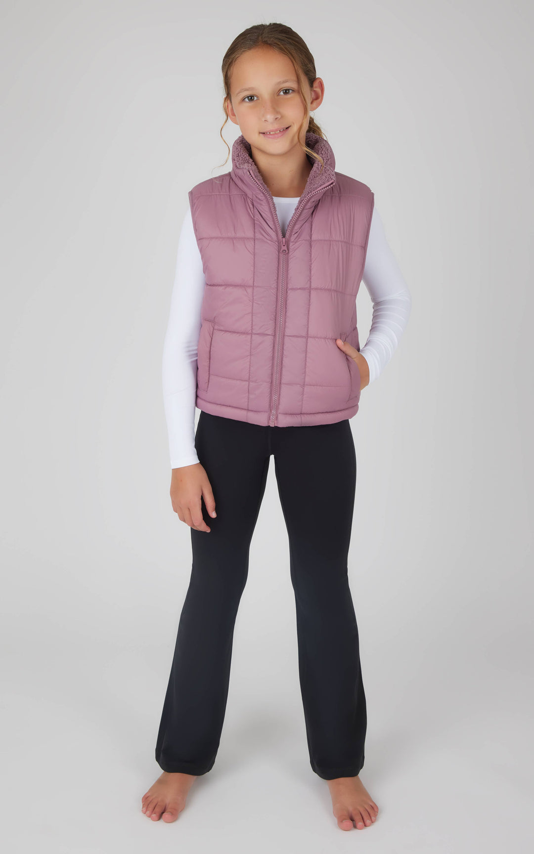 Girls Quilted Sherpa Lining Vest, Top, Flare Pant - 3 PC Set