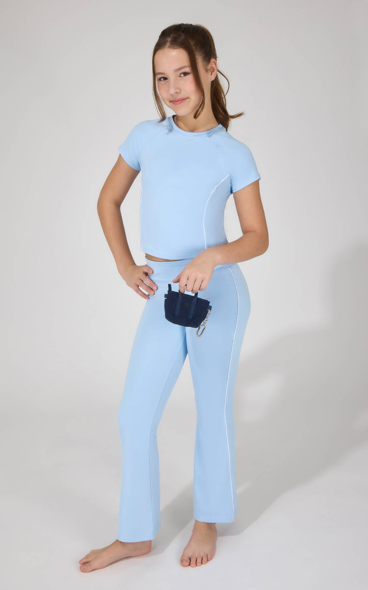 Girls Contrast Piping Top and Flare Set w Mini Bag Keychain: LILAC DREAM
