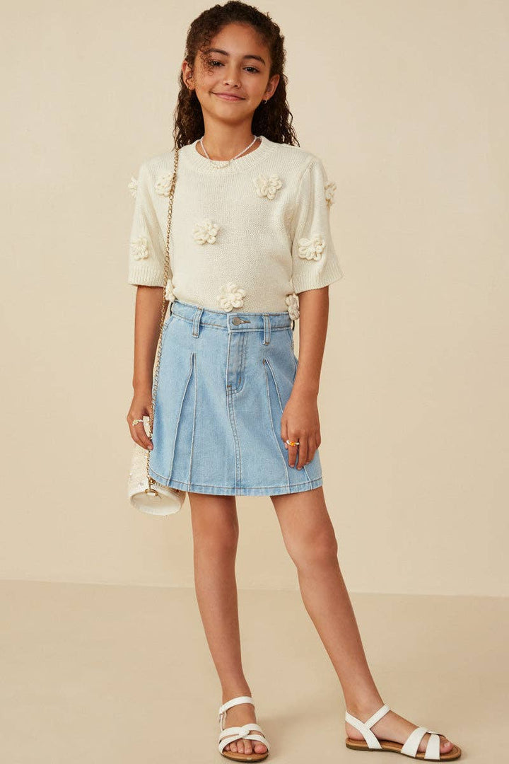 Box Pleated Washed Denim Skirt