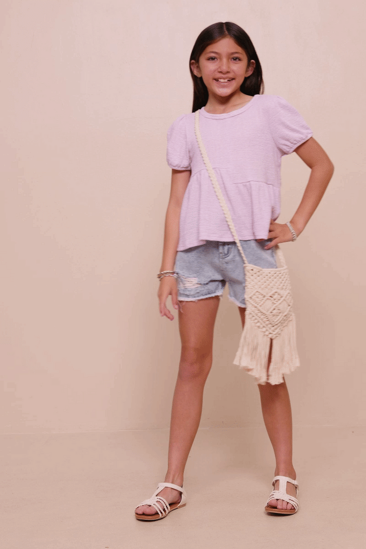 Textured Puff Sleeve Asymmetric Panel Knit Top