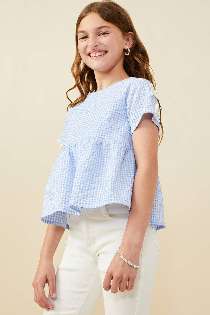 Contrast Ribbon Gingham Babydoll Top