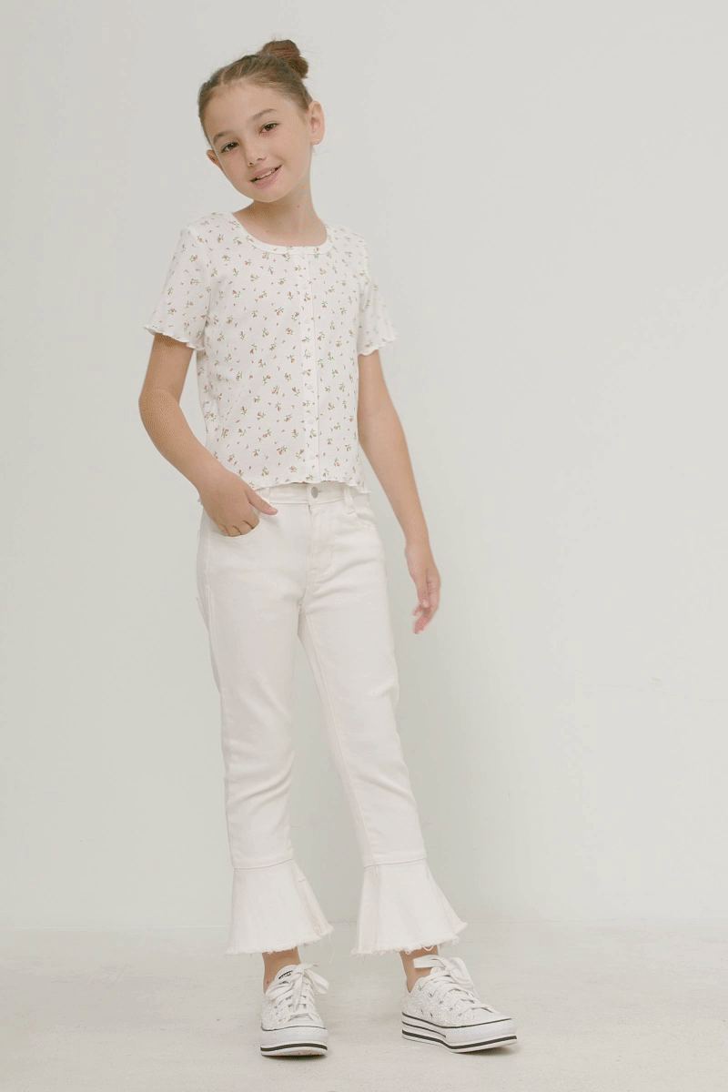 Button Detail Ditsy Floral Knit T Shirt