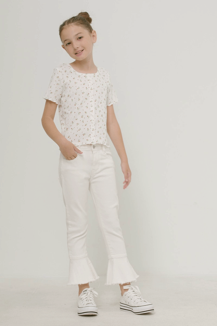 Button Detail Ditsy Floral Knit T Shirt