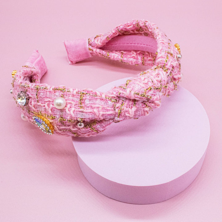 Embellished Knot Headband - Tweed Rhinestone Pearl: Black
