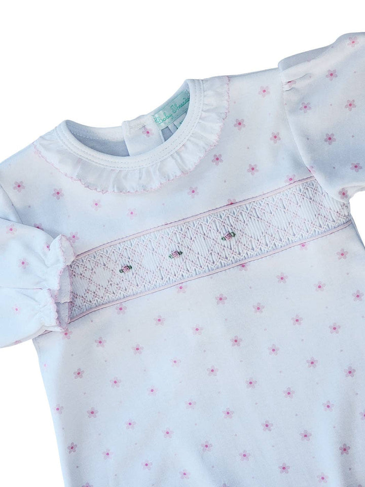 Pink Flower Print Baby girl Pima Cotton smocked gown