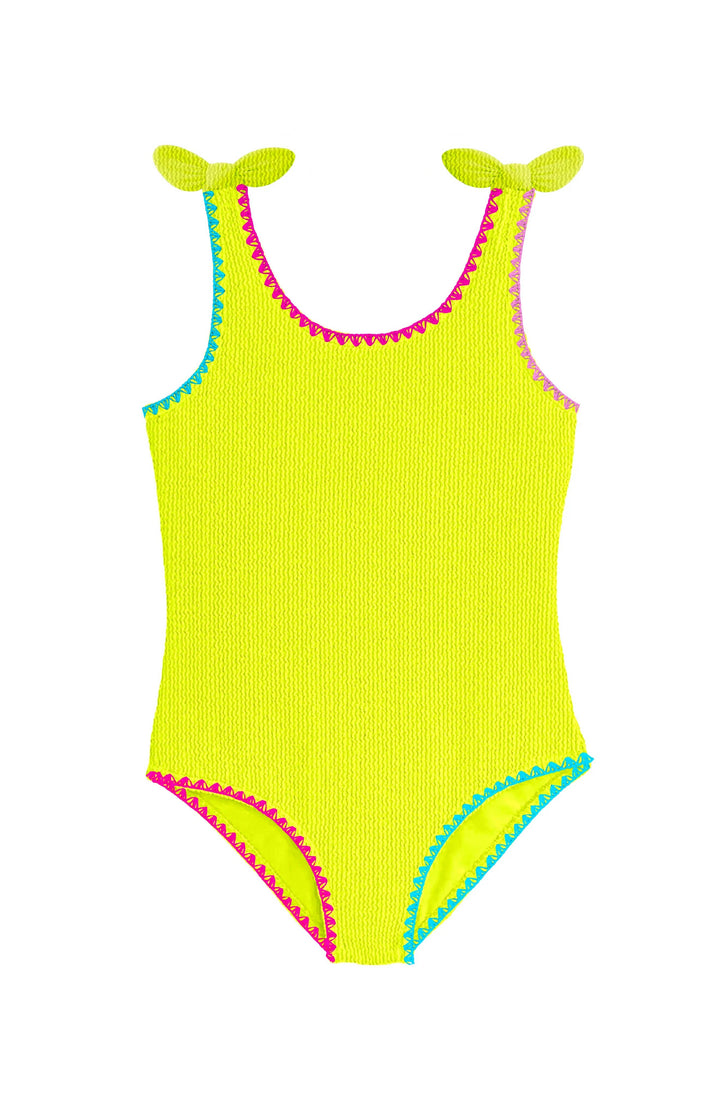 Kaya Crinkle Bow Tie One Piece - Embroidered Lime