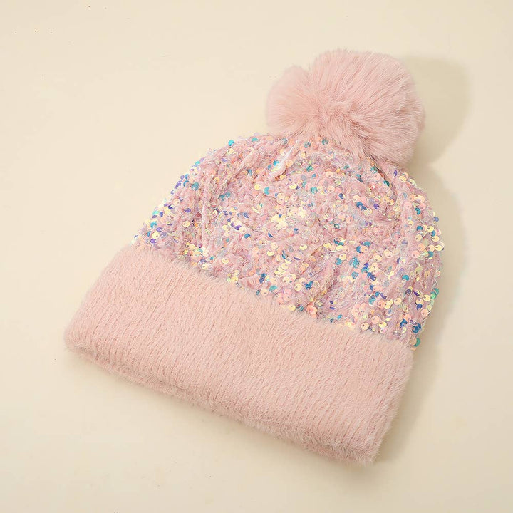 Sequin Embellished Pom Pom Beanie Hat