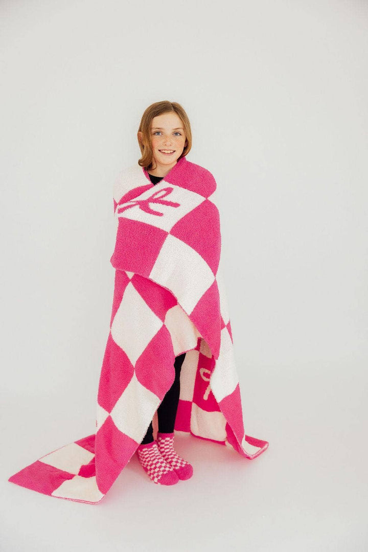 Bright Pink Checker Bow Cozy Blanket