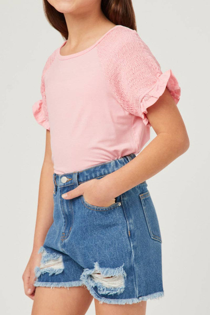 Smocked Shoulder Ruffle Sleeve Top