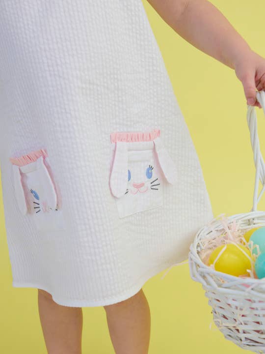 Girls Pink Bunny Ears Seersucker Ruffle Pocket Dress