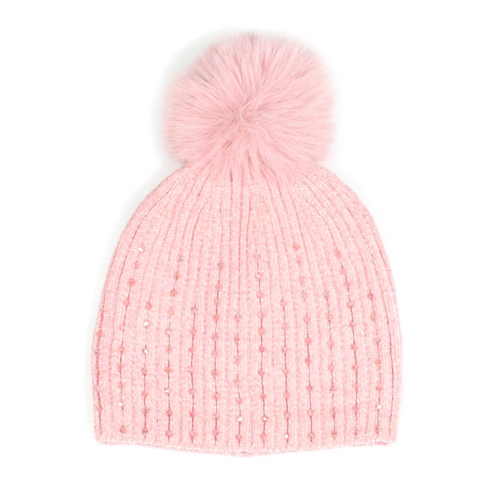 Stone Embellished Chenille Pom Pom Beanie Hat