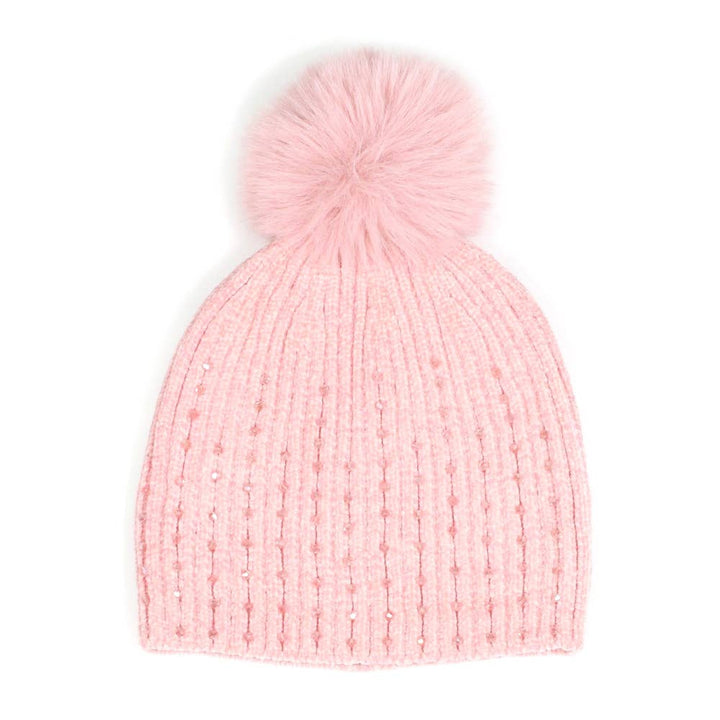 Stone Embellished Chenille Pom Pom Beanie Hat