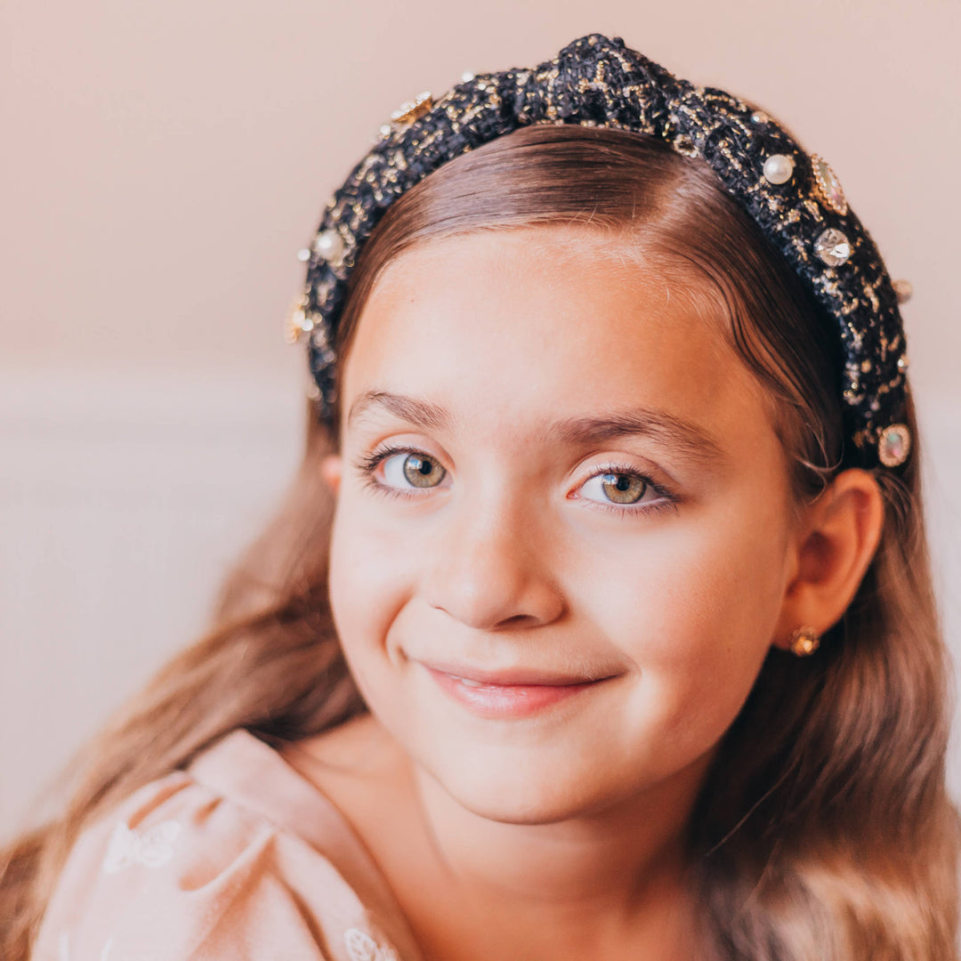 Embellished Knot Headband - Tweed Rhinestone Pearl: Black