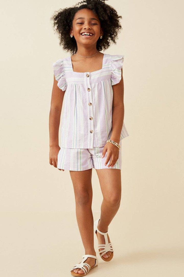 Striped Square neck Ruffled Button Top