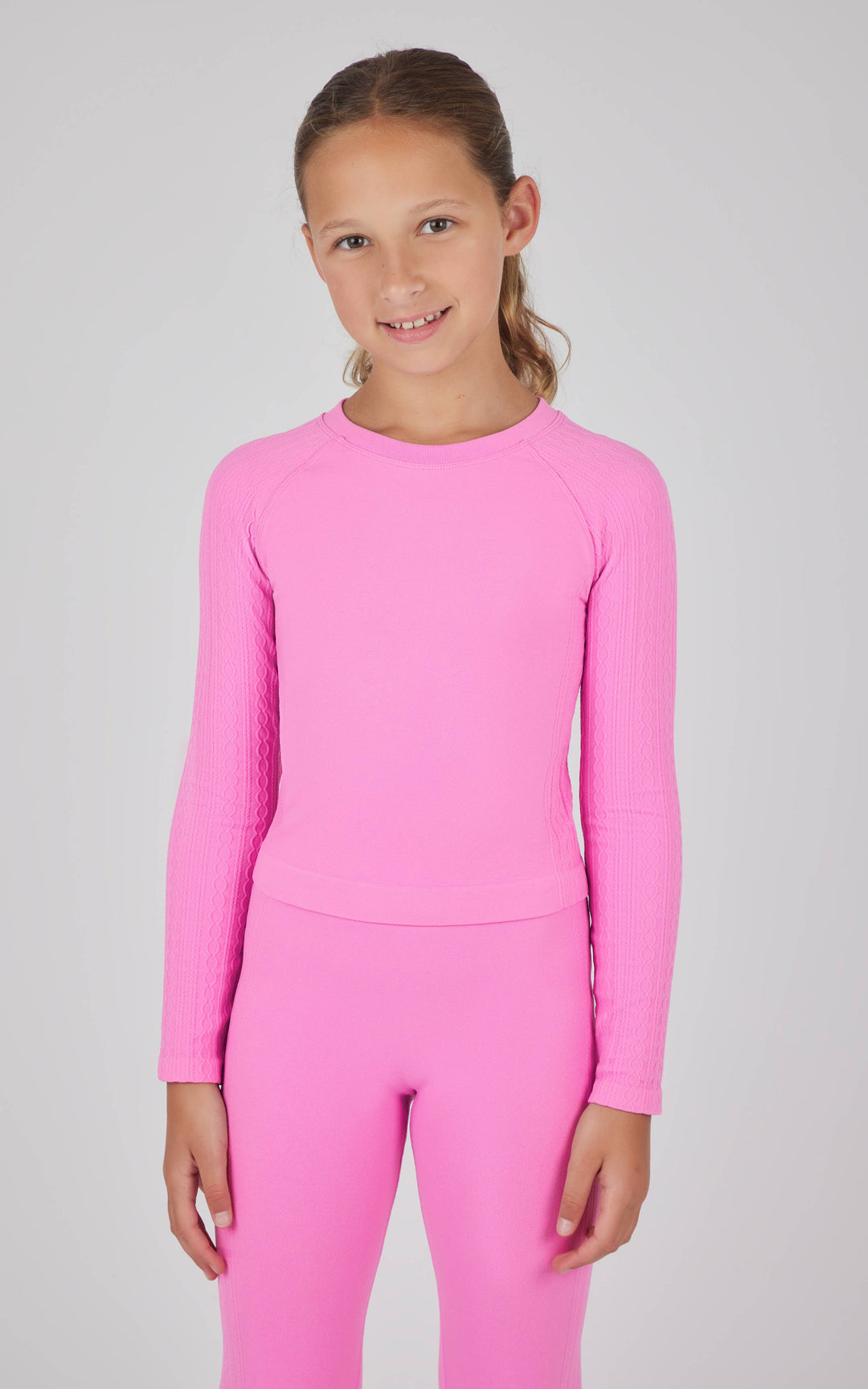 Girls Seamless Cable Textured Crew Neck Top: FUCHSIA PINK