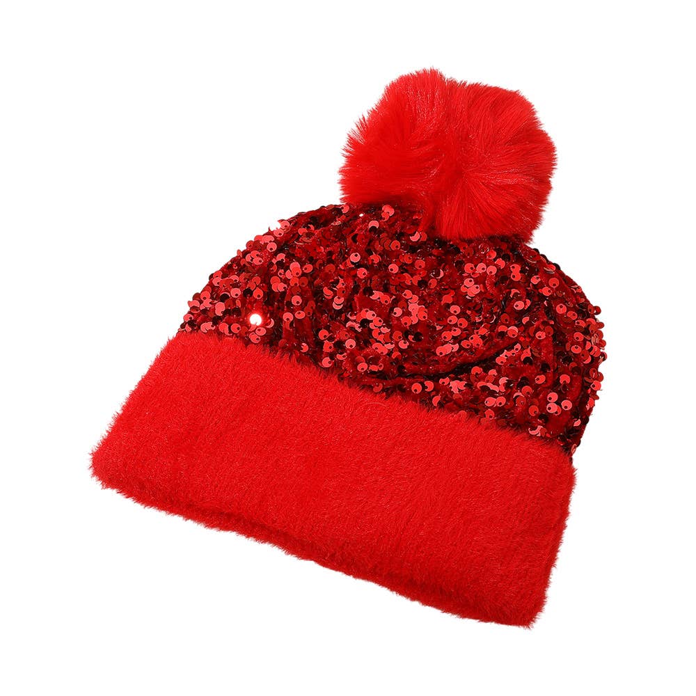 Sequin Embellished Pom Pom Beanie Hat