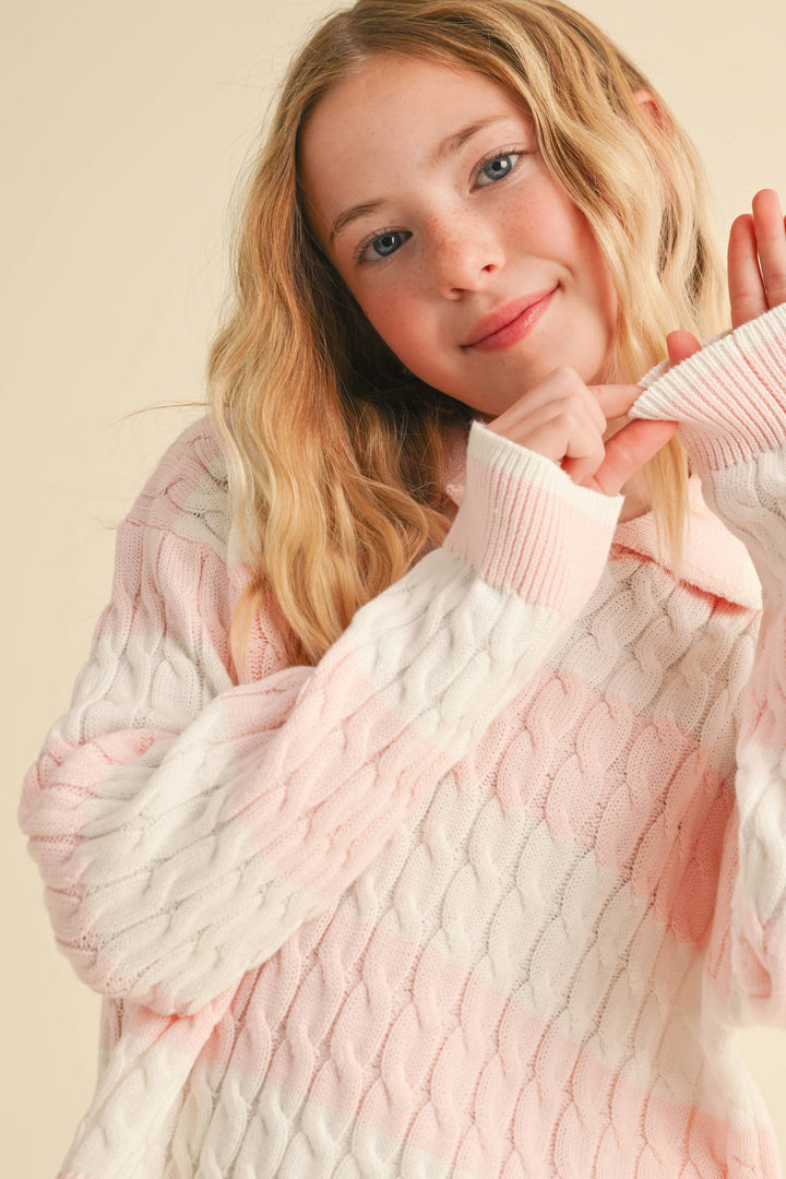 TWEEN GIRLS KIDS L/S POLO IN CABLE KNIT
