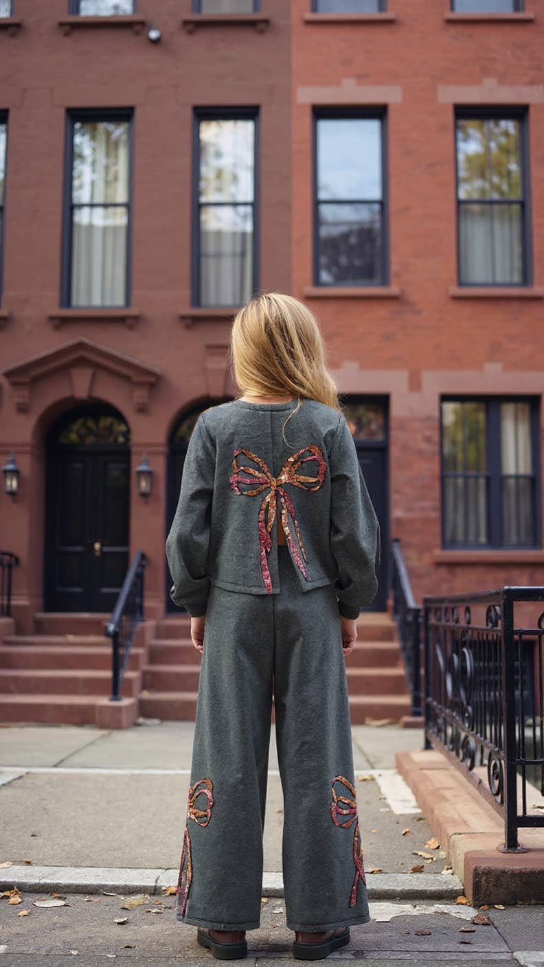Sequin Bow Sweatshirt W/ Back Slit