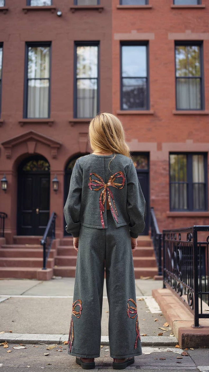 Sequin Bow Sweatshirt W/ Back Slit
