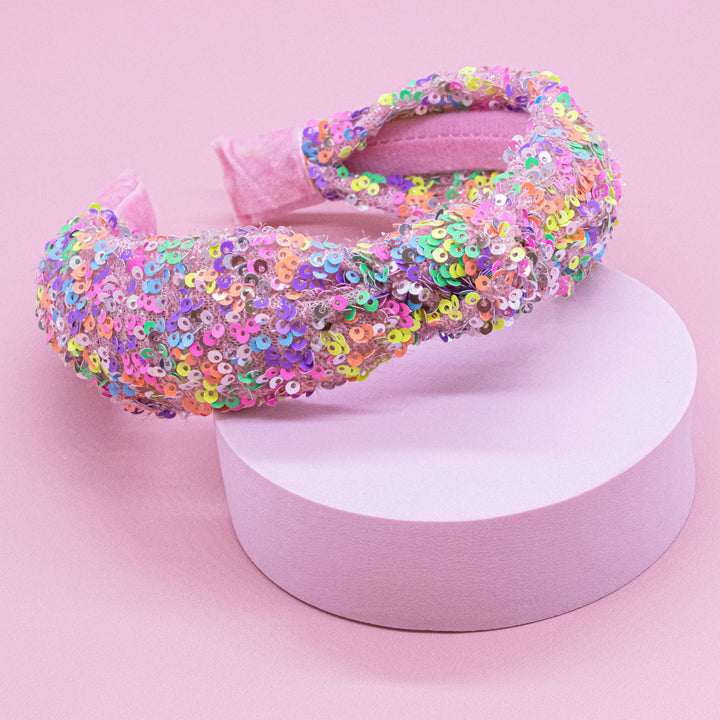 Sparkly Sequin Knot Headband: Rainbow
