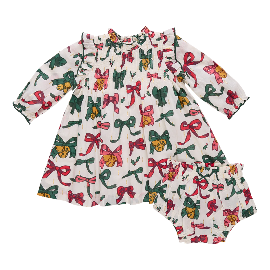 Baby Girls Jaipur Dress Set- Christmas Bows and Bells