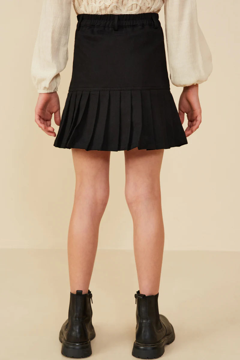 Pleated Hem Denim Skirt- Black