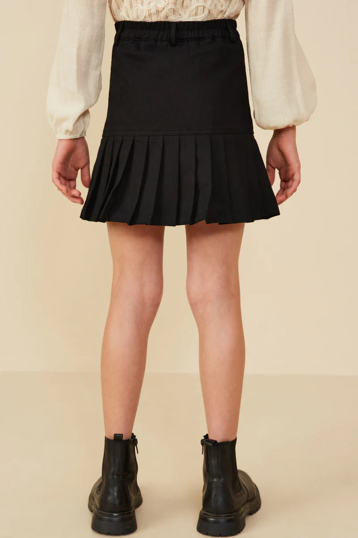 Pleated Hem Denim Skirt- Black