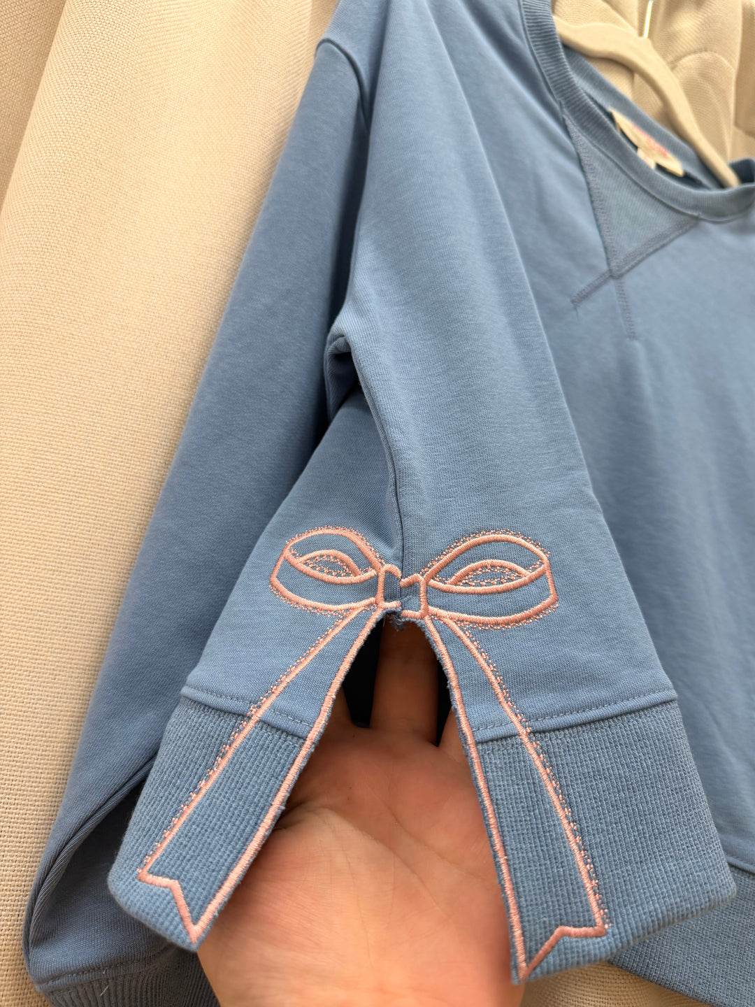 Blue Bow Sweatshirt W/ Side Slit