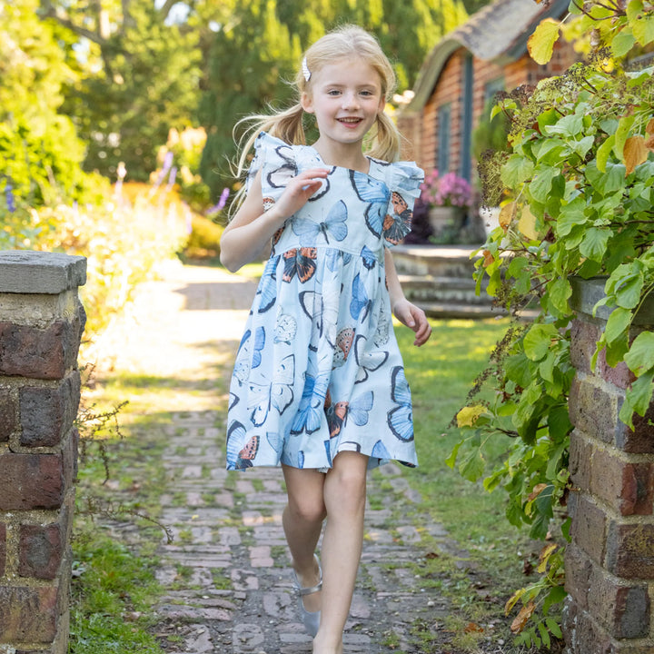 Girls Elise Dress - Blue Vintage Butterflies
