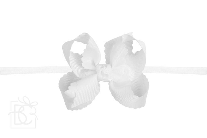 1/4" NYLON PANTYHOSE HEADBAND W/ SCALLOPED EDGE BOW: White